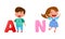 Cute kids with English alphabet letters. Little boy and girl and A, N letters cartoon vector illustration