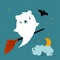 Cute kids ghost bear flying on a broom in the sky with bat and moon in the clouds. Cute print for happy Halloween party. Ideal for
