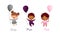 Cute kids holding balloons of different colors set. Boys and girl holding gray, plum and pink balloon vector