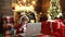 Cute kids with laptop on the home Christmas background. Merry Christmas and Happy new year for child. Christmas presents