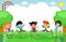 Cute kids Playing At Abstract Nature, Happy Children jumping and dancing on the park or playground Template for advertising