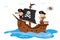 Cute kids playing pirates on ship. Wooden corsair ship at sea. Funny children sailors on sailboat. Sea adventures. Treasure hunt.