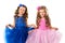 Cute kids, portrait of little girls in princess dresses, isolated on white