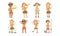 Cute Kids Scouts Camping Set, Cute Boys and Girls in Scout Costumes with Hiking Equipment Vector Illustration