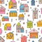 Cute kids seamless pattern with hand drawn houses. Buildings. Doodle style. Texture for fabric, wrapping, wallpaper, textile