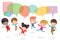 Cute kids with speech bubbles, stylish children jumping with speech bubble, children talking with speech balloon. jumping kids