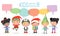 Cute kids with speech bubbles on white background, stylish children Christmas Costumes with speech bubble, children talking with s
