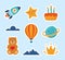 Cute kids stickers: rocket, star, planet, teddy bear, cloud, cake, aerostat. Cartoon illustration for children`s sticker. Colorfu