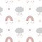 Cute kids vector celestial seamless pattern with clouds, rainbow, rain. Cartoon illustration for baby shower, nursery
