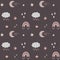 Cute kids vector celestial seamless pattern with moon, stars, clouds, rainbow, rain. Cartoon illustration for baby