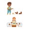 Cute kids working on farm set. Children feed chickens and sheep cartoon vector illustration