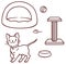 Cute kitten and accessories for him: a house, a scraper, a mouse, a bowl. Vector outline image