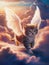 Cute kitten angel in animal heaven. Oil painting on canvas with texture and brush strokes. Grief card