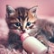 cute kitten, baby cat is drinking milk from baby bottle. newborn tomcat, adorable tiny cat