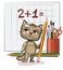 Cute Kitten baby is trying to count. Studying numbers and counting. Funny animal kid. Stationery and pencil. Writes in