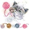 Cute kitten and ball of wool threads watercolor illustration