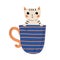 Cute Kitten in Blue Teacup, Adorable Little Cat Animal Character Sitting in Coffee Mug Cartoon Vector Illustration