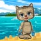 Cute Kitten builds sand castles on the beach by the sea. Funny comic animal. Young cute Cat cartoon style. Childrens