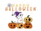 Cute kitten cats witch Halloween costume with funny face craved orange pumpkin Happy Halloween cartoon flat vector illustration