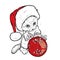 A cute kitten in a Christmas hat plays with a Christmas ball. Vector illustration for a postcard or a poster. Santa Claus.