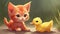 A cute kitten and a duckling looking at each other