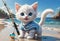 cute kitten with a fishing rod on the seashore. warm summer day by the sea.