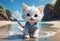 cute kitten with a fishing rod on the seashore. warm summer day by the sea.