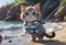 cute kitten with a fishing rod on the seashore. warm summer day by the sea.