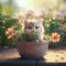 Cute kitten in flowerpot on summer garden background, soft focus