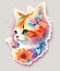 Cute kitten head with fantasy flowers around suitable for sticker, clip art, vintage t-shirt design. Generative Ai