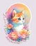 Cute kitten head with fantasy flowers around suitable for sticker, clip art, vintage t-shirt design. Generative Ai
