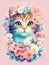 Cute kitten head with fantasy flowers around suitable for sticker, clip art, vintage t-shirt design. Generative Ai