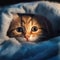 Cute kitten hiding wrapped in a blanket.