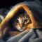 Cute kitten hiding wrapped in a blanket.