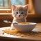 Cute kitten holding spoon eating cereals generated by Ai