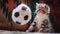 Cute kitten looks surprised at the toy in the form of a soccer ball