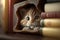 Cute kitten peeks out from behind the books on the bookshelf.Generative AI