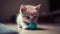 Cute kitten playing with blue ball, focus on foreground fun generated by AI