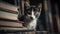 Cute kitten resting on bookshelf, staring at camera with curiosity generated by AI