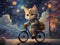 A cute kitten rides a bicycle in a street, in a starry night with fluffy clouds, flower, mysterious elements, digital art, famtasy