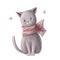 cute kitten in scarf with bow, watercolor style illustration, animal clipart with cartoon character