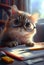 Cute kitten schoolboy doing homework. AI generated