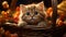 Cute kitten sitting in a basket, playful and fluffy fur generated by AI