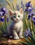 A cute kitten sitting among beautiful and elegance irises, charming and heartwarming scene, animal, flower