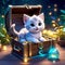 cute kitten sitting in a treasure chest surrounded by enchanted creatures, children\\\'s 3D animation