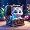 cute kitten sitting in a treasure chest surrounded by enchanted creatures, children\\\'s 3D animation