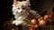 Cute kitten sitting on wood, looking at camera, playful and fluffy generated by AI