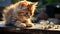 Cute kitten sitting on wood, playful and fluffy in nature generated by AI