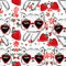 Cute Kitten in sunglasses and Strawberry seamless pattern vector illustration hand drawn Childrens summer trend print