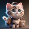 Cute kitten with travel bag on dark background. 3d illustration Generative AI animal ai